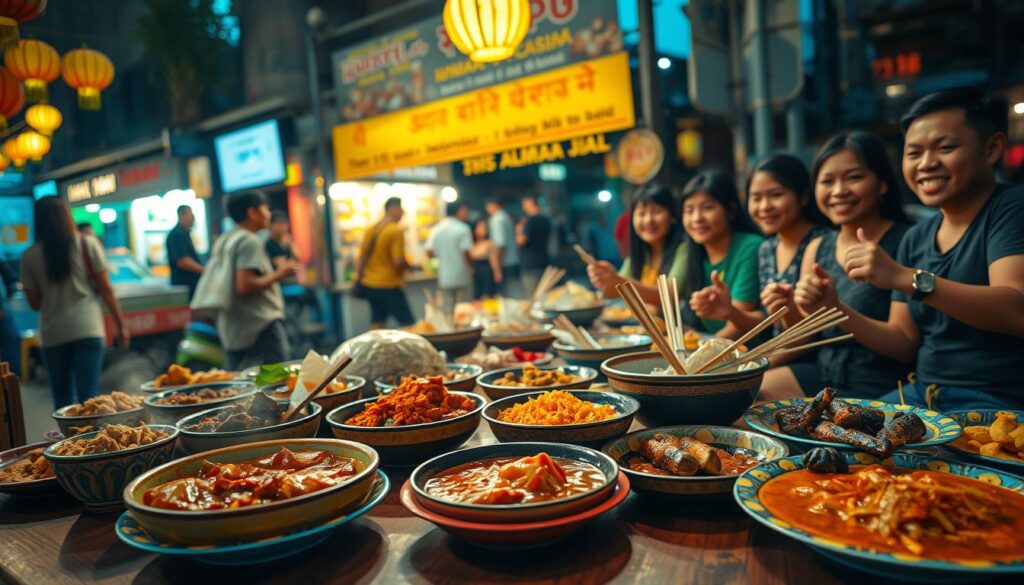 A bustling and vibrant Indonesian street food market scene at dusk. In the foreground, a variety of spicy dishes served on colorful plates, featuring steaming bowls of rendang, sambal, and grilled skewers, arranged artfully on a wooden table. The middle ground captures enthusiastic diners, dressed in modest casual clothing, savoring the flavors of the food, with smiles on their faces. The background reveals a warm, inviting atmosphere with stalls adorned with glowing lanterns and banners showcasing the variety of Indonesian cuisine. The lighting is warm and cozy, creating an inviting mood. The image is shot from a slightly elevated angle to incorporate both the food and the lively interactions among diners, conveying the excitement of exploring the best spicy dining experiences in Indonesia.