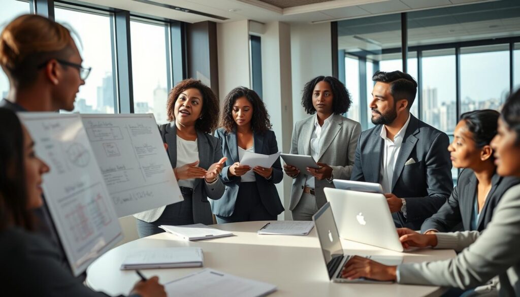 A diverse group of people engaged in a collaborative decision-making process in a modern, well-lit conference room. In the foreground, a middle-aged woman of African descent, dressed in professional business attire, is enthusiastically presenting her ideas on a flip chart. Beside her, a young South Asian man takes notes attentively, wearing a smart blazer. The middle ground features a round table with documents and laptops, showing active participation. In the background, large windows reveal a cityscape, casting natural light into the room to create an inviting atmosphere. The mood is one of inclusivity and empowerment, emphasizing teamwork and open discussion in political decision-making processes. The angle should capture the energy and engagement of the group while maintaining a clear focus on their expressions.