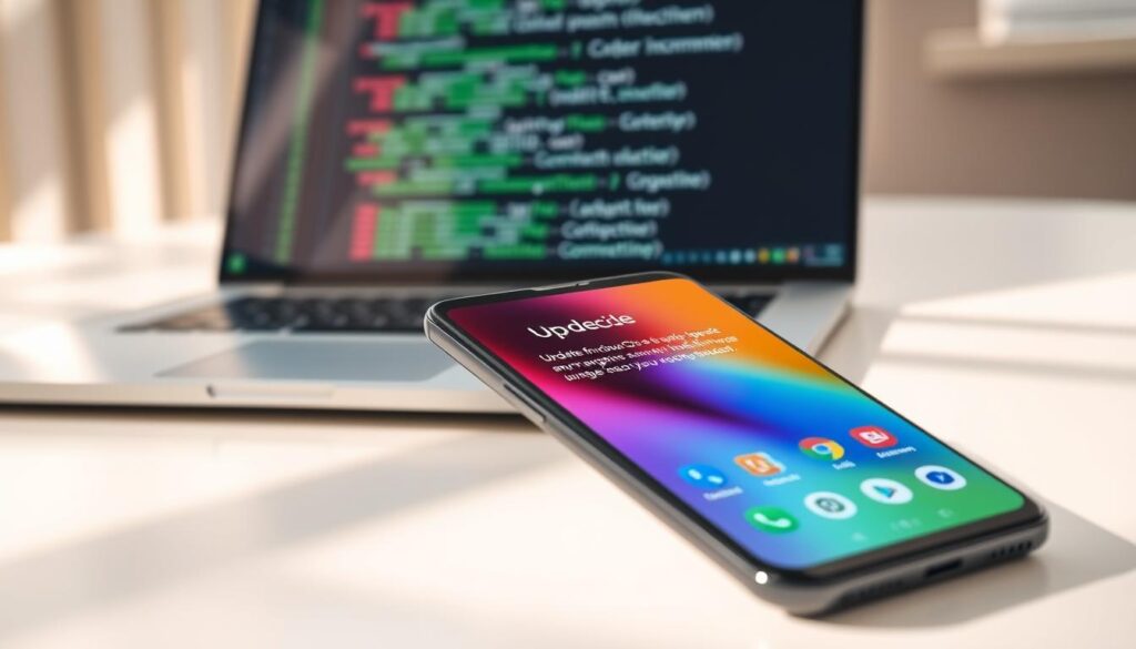 A modern smartphone on a sleek, minimalist desk, displaying an update notification screen with vibrant colors and clear icons, emphasizing a fresh operating system. In the foreground, the smartphone is angled slightly, showcasing its sleek design and vibrant display, while in the middle, a partial view of a laptop with software code blurred in the background reflects technology and connectivity. Soft, natural lighting creates an inviting atmosphere, with sunlight filtering through a nearby window casting gentle shadows. The overall mood conveys a sense of efficiency and freshness, contributing to the theme of keeping devices up to date for optimal performance. The image should be clean, professional, and free of any text or branding elements.