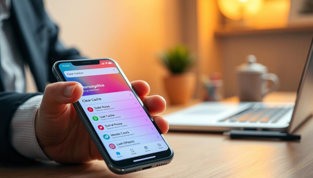 A modern smartphone screen displaying an application management interface, showcasing a user selecting 'Clear Cache' options. The foreground highlights the phone's screen with vibrant colors and icons, while a focused hand in professional attire gestures towards the screen, emphasizing action. The middle ground features a softly blurred workspace—perhaps a clean desk with a laptop and a plant. In the background, warm ambient lighting creates an inviting atmosphere. The scene conveys a sense of productivity and optimization, reflecting technology in daily life. Use a shallow depth of field to enhance focus on the phone, with natural daylight illuminating the workspace. The mood is motivational and tech-savvy, appealing to users looking for efficient device management solutions.