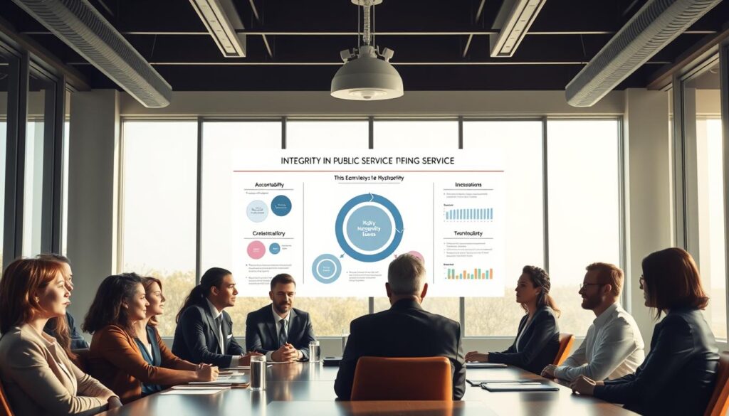 A serene office environment showcasing a group of professionals engaged in a collaborative meeting. In the foreground, a diverse group of individuals in professional business attire are gathered around a large conference table, discussing integrity in public service. Their expressions are focused and determined, symbolizing commitment to ethical standards. In the middle ground, a large presentation board displays key concepts of public service integrity, with charts and visuals emphasizing accountability and transparency. The background features large windows with natural light streaming in, illuminating the room and creating a hopeful atmosphere. The scene conveys a sense of unity and purpose, highlighting the lessons learned from recent events, emphasized by warm, uplifting colors.