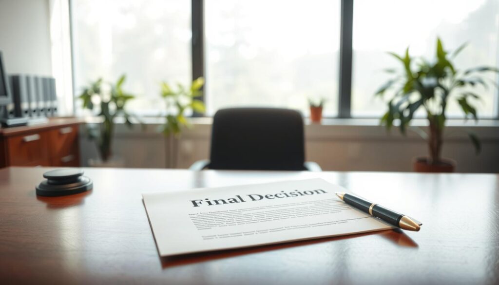 A solemn office scene representing a final decision regarding honorable dismissal without personal request. In the foreground, a polished wooden desk holds an official document titled &amp;quot;Final Decision&amp;quot; alongside a pen, symbolizing professionalism. A soft focus on an empty office chair suggests absence. The middle ground features a large window, allowing natural light to bathe the room, creating a calm yet somber atmosphere. Plants in the background provide a touch of greenery, softening the professional space. The overall mood is reflective and serious, with a neat and organized look that emphasizes the weight of the decision being made. The lighting should be warm but subdued, highlighting the document and the desk without distractions.