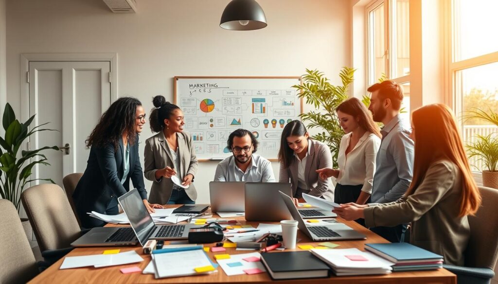 A vibrant home office scene depicting a small business marketing strategy. In the foreground, a diverse group of professionals dressed in smart casual attire collaborates around a table cluttered with marketing materials, laptops, and colorful post-it notes. In the middle background, a whiteboard displays diagrams and charts illustrating marketing concepts, while a lush indoor plant adds a touch of greenery. Warm, natural lighting floods the room through large windows, creating an inviting and productive atmosphere. The angle of the image captures the energy of teamwork and creative brainstorming, emphasizing the potential of home-based business ventures. The overall mood is inspirational and dynamic, reflecting hope and motivation for aspiring entrepreneurs. A vibrant home office scene depicting a small business marketing strategy. In the foreground, a diverse group of professionals dressed in smart casual attire collaborates around a table cluttered with marketing materials, laptops, and colorful post-it notes. In the middle background, a whiteboard displays diagrams and charts illustrating marketing concepts, while a lush indoor plant adds a touch of greenery. Warm, natural lighting floods the room through large windows, creating an inviting and productive atmosphere. The angle of the image captures the energy of teamwork and creative brainstorming, emphasizing the potential of home-based business ventures. The overall mood is inspirational and dynamic, reflecting hope and motivation for aspiring entrepreneurs.