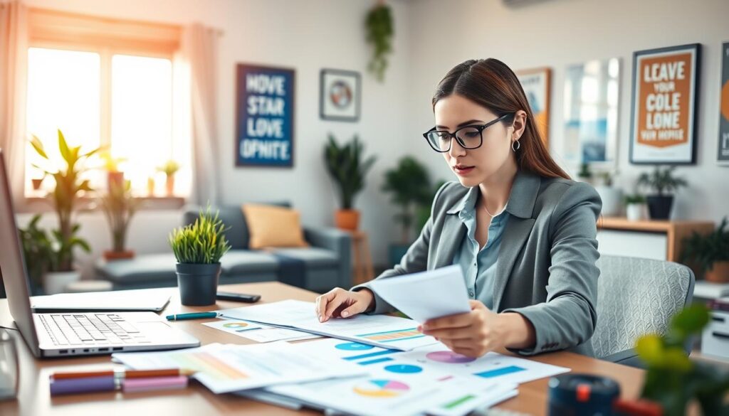A vibrant home office scene showcasing a determined entrepreneur, a young woman in smart casual attire, working at a desk filled with documents, a laptop, and colorful charts. In the foreground, the woman is brainstorming strategies, her focused expression conveying resilience. The middle ground features a cozy living space, blending elements of a home and workspace, with plants and motivational posters on the walls. In the background, soft natural light filters through a window, creating a warm and inviting atmosphere. The lens captures the image from a slightly elevated angle, emphasizing both the workspace and the individual’s proactive approach to overcoming challenges in starting a home business. The mood is inspiring, reflecting hope and determination. A vibrant home office scene showcasing a determined entrepreneur, a young woman in smart casual attire, working at a desk filled with documents, a laptop, and colorful charts. In the foreground, the woman is brainstorming strategies, her focused expression conveying resilience. The middle ground features a cozy living space, blending elements of a home and workspace, with plants and motivational posters on the walls. In the background, soft natural light filters through a window, creating a warm and inviting atmosphere. The lens captures the image from a slightly elevated angle, emphasizing both the workspace and the individual’s proactive approach to overcoming challenges in starting a home business. The mood is inspiring, reflecting hope and determination.
