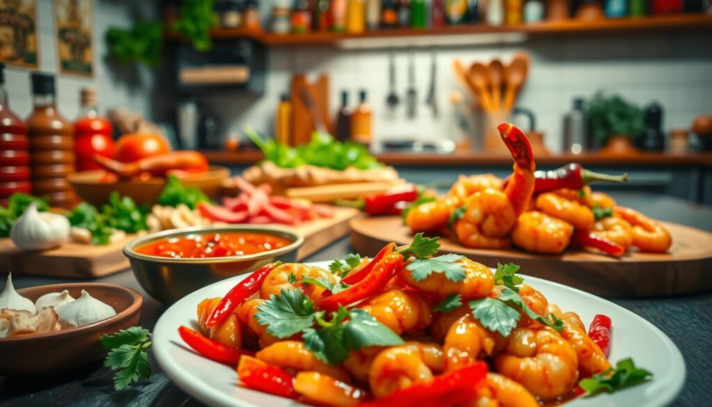 A vibrant kitchen scene showcasing a variety of Indonesian spicy dishes prepared at home. In the foreground, a beautifully arranged plate of stir-fried chili shrimp with vibrant red and green chilies garnishing the dish, alongside a bowl of sambal and fresh herbs like cilantro and basil. The middle ground features wooden cutting boards with freshly chopped ingredients, such as garlic, ginger, and lemongrass, emphasizing the preparation process. In the background, a warm, inviting kitchen setting with bright, natural lighting illuminating the space, and spices neatly organized on shelves. The atmosphere is lively and cozy, perfect for a family cooking together, creating a sense of authenticity and homely warmth. The perspective captures the richness of colors and textures, evoking a feeling of deliciousness and excitement for home-cooked spicy food.