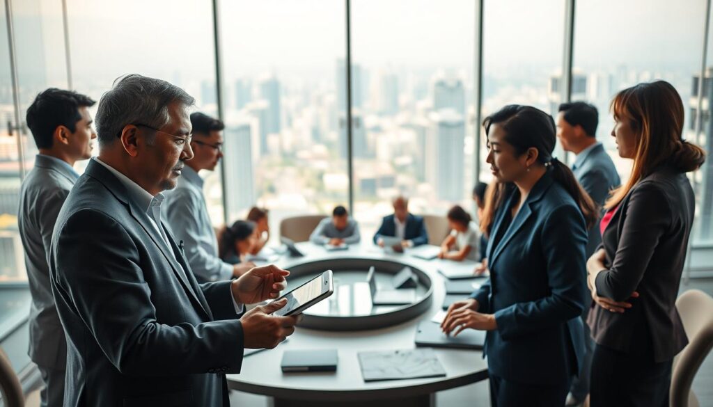 A visually engaging depiction of the political decision-making process in Indonesia, featuring a diverse group of policymakers in a modern office setting. In the foreground, a middle-aged man and woman in professional business attire are engaged in a discussion, analyzing data on a tablet. The middle section showcases a large round table surrounded by individuals of various ethnicities, emphasizing collaboration in diverse political climates. In the background, a large window reveals a bustling cityscape, hinting at the national context of the decisions being made. Soft, natural light filters through, casting a warm atmosphere that conveys a sense of hope and progress. The image should evoke a feeling of seriousness and purpose, highlighting the intricate factors influencing political choices.