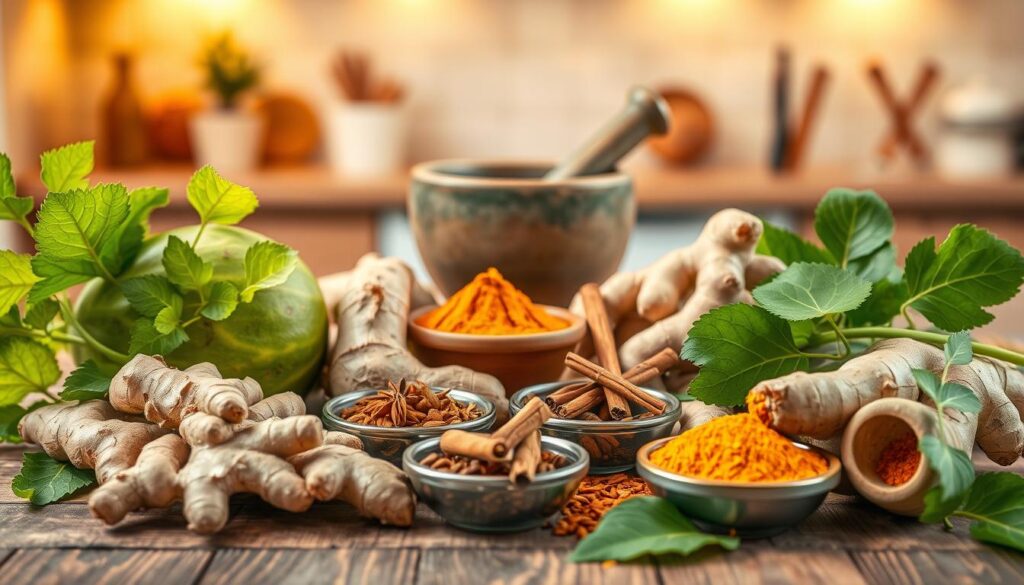 A beautifully arranged display of natural ingredients and spices known for their potential benefits in managing blood sugar levels. In the foreground, vibrant green leaves of bitter melon and fresh ginger roots are artistically placed among small bowls filled with turmeric, cinnamon, and fenugreek seeds. The middle ground reveals a softly lit wooden table, where a mortar and pestle are set, hinting at the idea of preparation. The background features a subtle, blurred kitchen environment with warm lighting that creates a cozy atmosphere, evoking a sense of health and wellness. The scene captures a feeling of tranquility and natural remedy, with an emphasis on earthy tones and inviting textures.