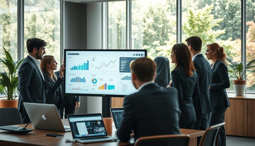 A modern office environment showcasing the role of information systems in business. In the foreground, a diverse group of professionals in smart business attire collaborates around a large digital touchscreen displaying analytics and graphs. In the middle, various digital devices such as laptops and tablets, some featuring data-driven dashboards. The background features a bright and airy office with large windows, letting in natural light, and vivid greenery visible outside, creating a fresh atmosphere. The overall mood is dynamic and innovative, emphasizing teamwork and the integration of technology in decision-making. Use soft lighting to enhance the professional and collaborative vibes of the scene, captured from a slightly elevated angle to include all elements harmoniously.
