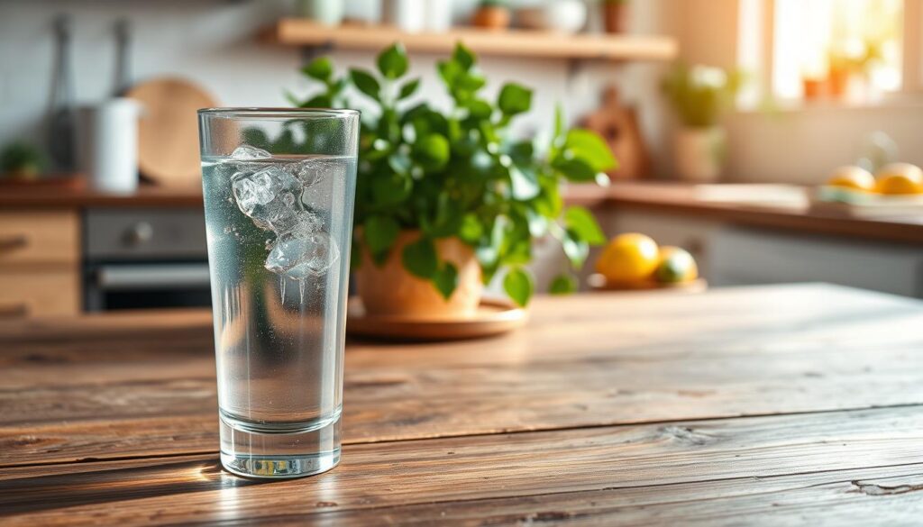 A refreshing scene showcasing a clear glass of pure water placed prominently on a rustic wooden table in the foreground, with gentle ripples on the surface reflecting the soft natural light. In the middle ground, a leafy green plant symbolizes vitality and health, while a bright, sunlit kitchen environment forms the background, with hints of fresh fruits like cucumbers and lemons nearby, emphasizing the theme of hydration. The overall atmosphere is serene and rejuvenating, portraying a commitment to health and wellness. The lighting is warm and inviting, creating a sense of tranquility and encouragement for a healthy lifestyle. The composition emphasizes clarity and freshness without any distractions or text.
